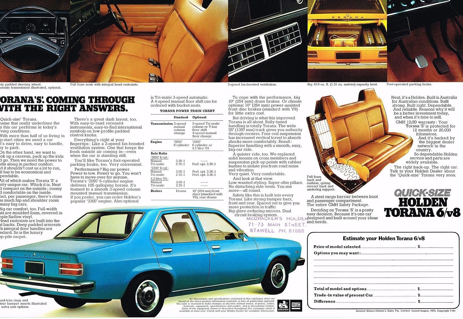 1975 Torana LH S Six and V8 Brochure Page 2